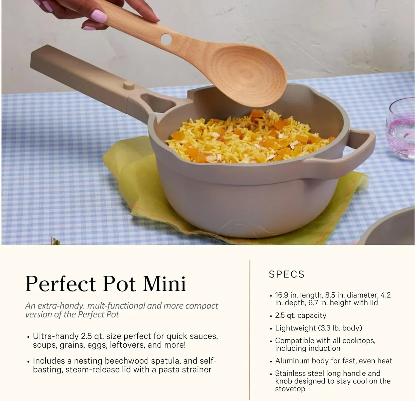 Perfect Pot Mini with wooden spatula serving rice and veggies, ideal for sauces, soups, grains on stovetop