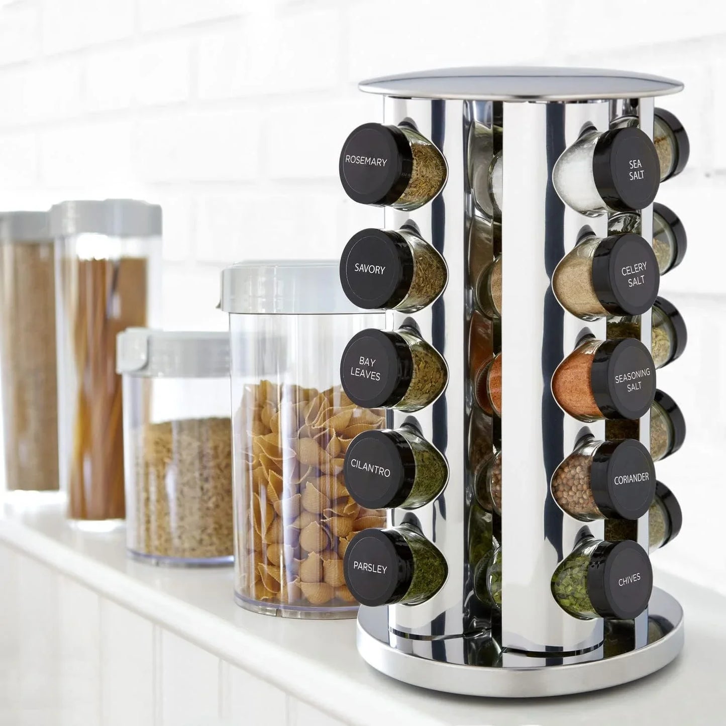 20 Jar Revolving Countertop Spice Rack with Spices Included, FREE Spice Refills for 5 Years, Polished Stainless Steel with Black Caps, 30020