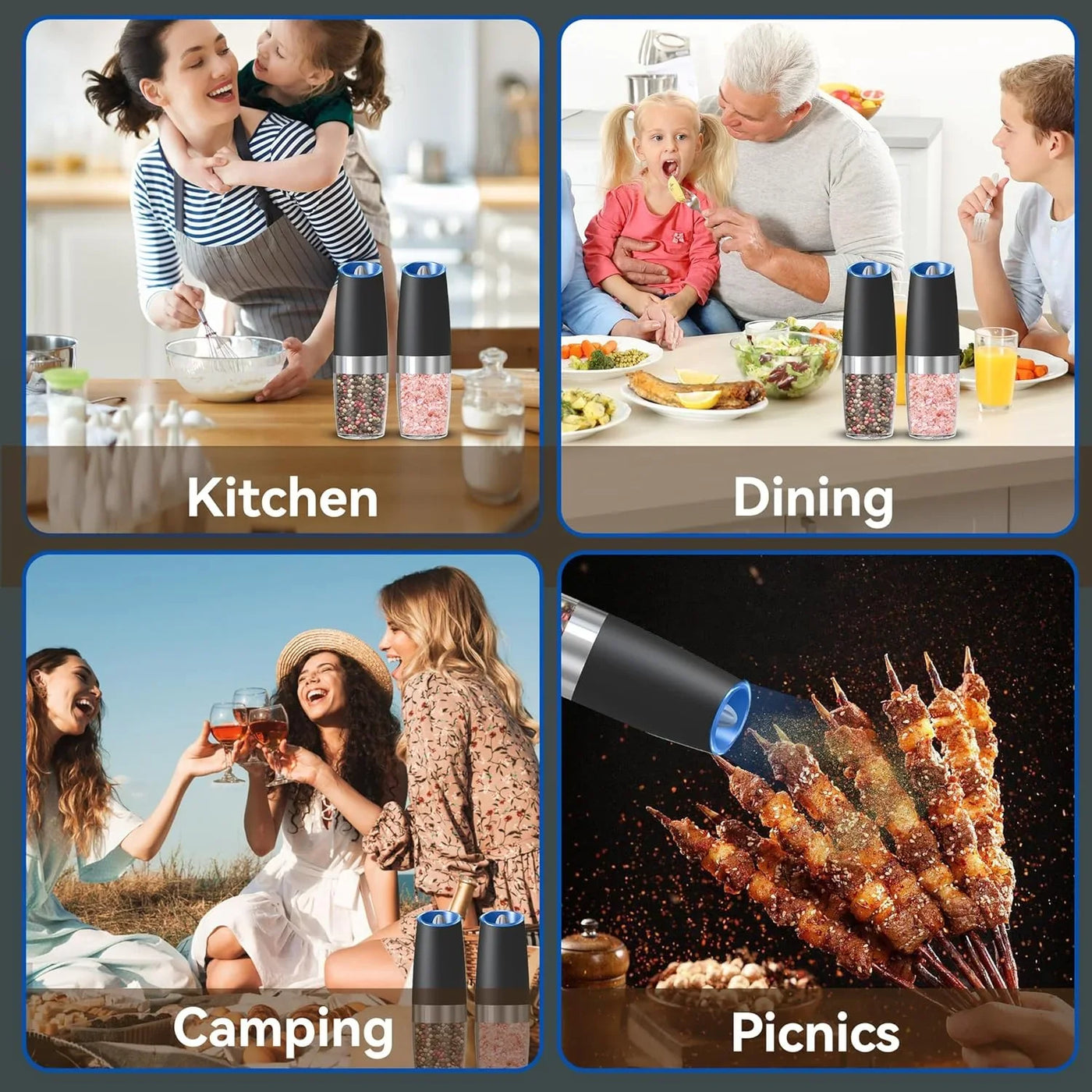 Gravity Electric Salt and Pepper Grinder Set of 2, Automatic Salt and Pepper Grinder Set, Adjustable Roughness, Battery Powered, LED Light, 2 Pack, (Black)