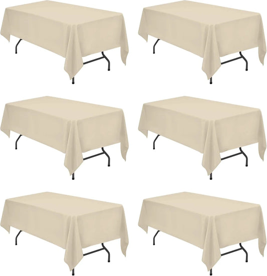 6 Pack Beige Tablecloths 60 X 102 Inch for 6Ft Rectangle Tables - 150 GSM Polyester Fabric, 15" Standard Drop, Water, Stain & Wrinkle Resistant Cloth Cover for Wedding Banquet Dining Buffet