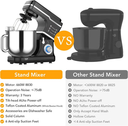 7.5 QT Stand Food Mixer, 10-Speed Tilt Head 3 In-1 Kitchen Electric Mixer with Stainless Steel Bowl, Egg Whisk, Dough Hook, Beater, Splash Guard, Compact Dough Mixer for Home Cooks, Black