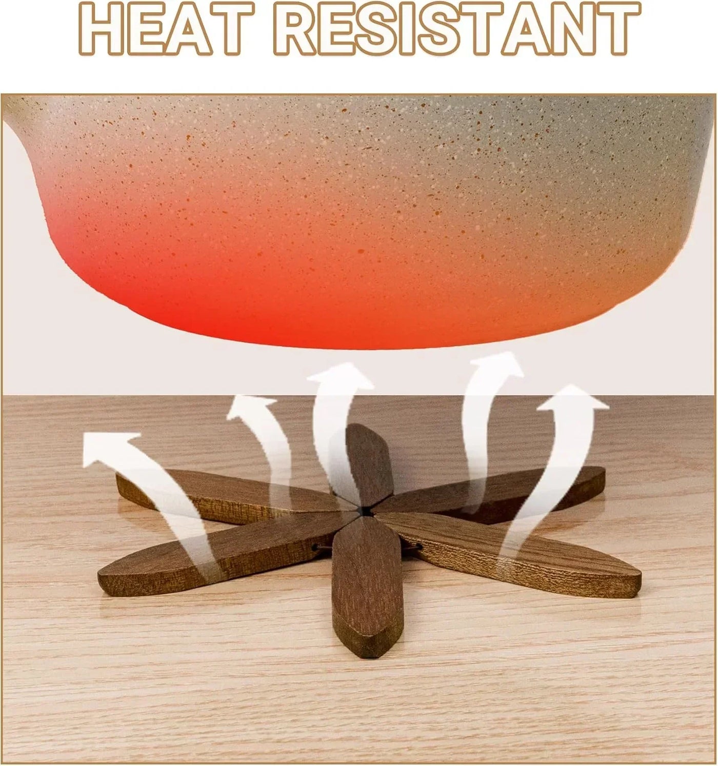 Heat resistant wooden trivet protecting countertop from hot cookware, ideal for kitchen organization and safety.
