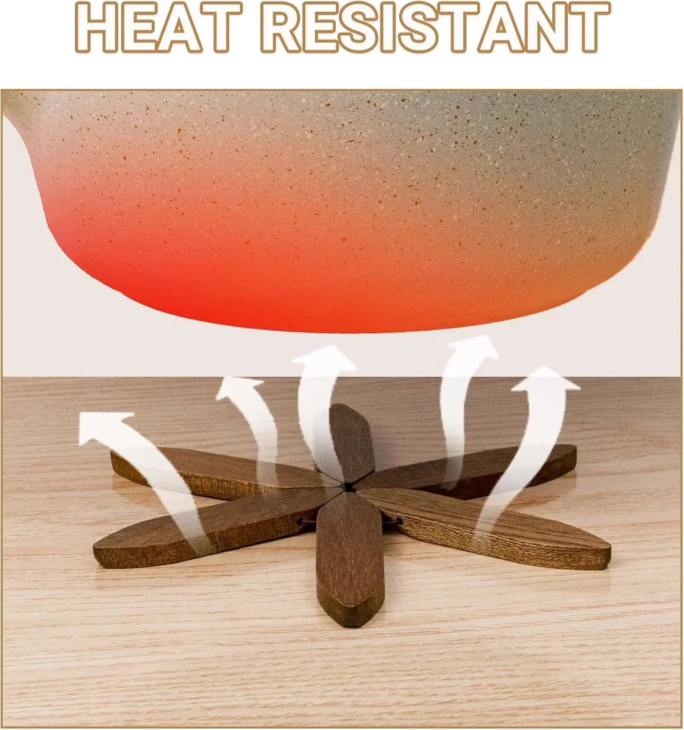 Heat resistant wooden trivet protecting countertop from hot cookware, ideal for kitchen organization and safety.