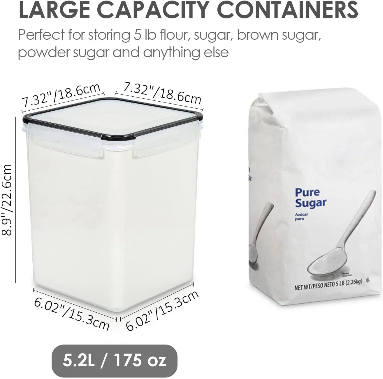 4 PCS Large Food Storage Containers 5.2L / 175Oz, 4 Pieces BPA Free Plastic Airtight Canisters for Flour, Sugar, Baking Supplies, Rice with Lids, 4 Measuring Cups and 24 Labels, Black