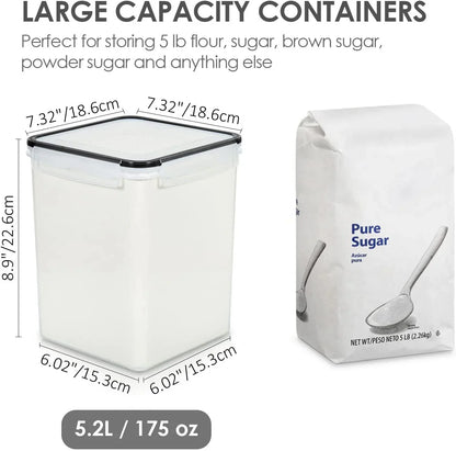 4 PCS Large Food Storage Containers 5.2L / 175Oz, 4 Pieces BPA Free Plastic Airtight Canisters for Flour, Sugar, Baking Supplies, Rice with Lids, 4 Measuring Cups and 24 Labels, Black