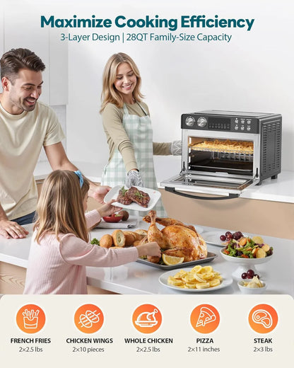 28QT Air Fryer Toaster Oven Combo, Large 12-In-1 Convection Countertop Oven with Next-Gen Heatwave Convection, 3-Layer Cooking, Rotisserie for Chicken, Fits 11" Pizza, Full Accessories, Sparkle Black