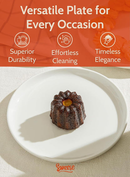 7.4 Inch Porcelain Dessert Plates, Set of 6 - Stackable, Microwave Oven Safe - White