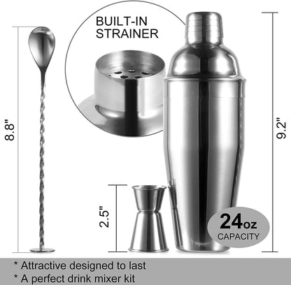 24Oz Cocktail Shaker Bar Set-Professional Margarita Mixer Drink Shaker Professional Stainless Steel Bar Tools Built-In Bartender Strainer for Martini Kit