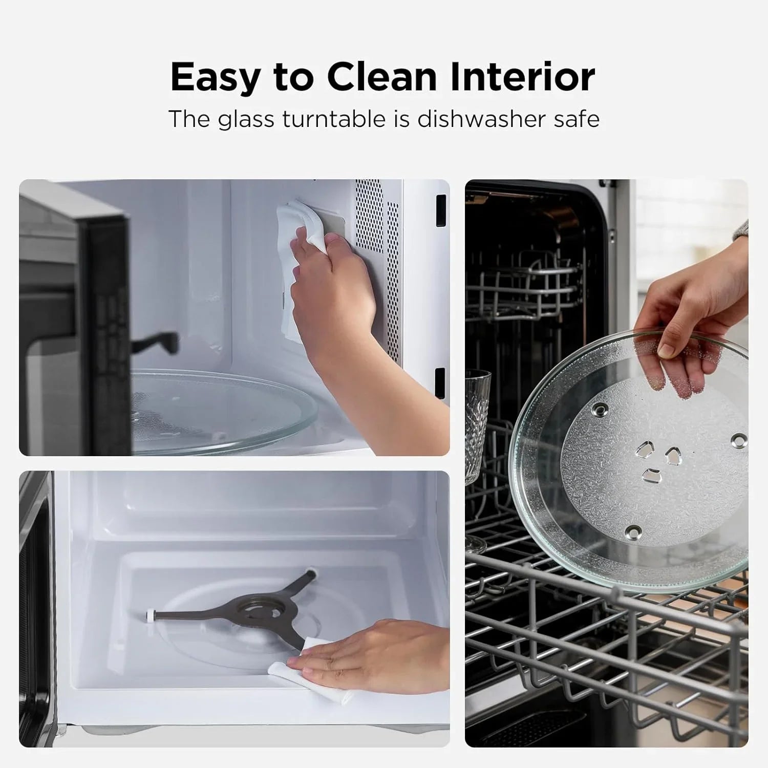 Hands cleaning microwave interior and placing glass turntable in dishwasher for easy care