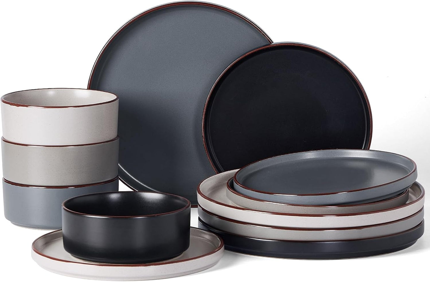 Nebula Ridge Stoneware Dinnerware Sets, Plates and Bowls Sets for 4, 12 Pieces Dishes Set, Microwave and Dishwasher Safe Kitchen Plates, Multi-Color