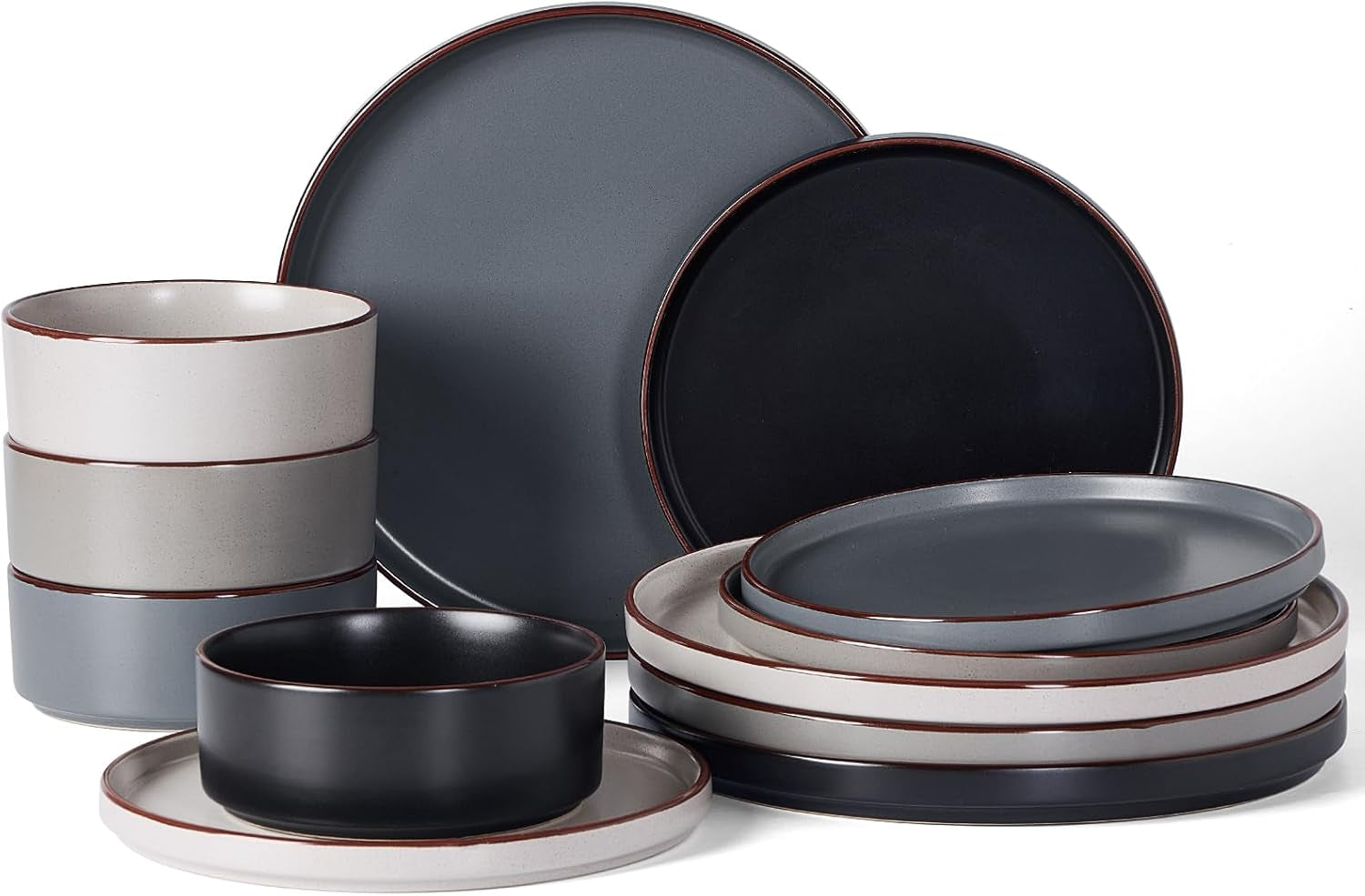 Nebula Ridge Stoneware Dinnerware Sets, Plates and Bowls Sets for 4, 12 Pieces Dishes Set, Microwave and Dishwasher Safe Kitchen Plates, Multi-Color