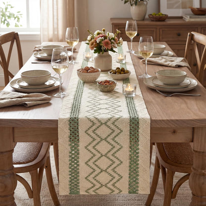 Sage Green Stripe Diamond Pattern Woven Table Runner, Seasonal Holiday Hollow Kitchen Dining Table Decoration for Home Party Decor 12X72 Inch