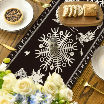 Black Viking Tree of Life Raven Helmet of Awe Table Runner, Seasonal Kitchen Dining Table Decoration for Home Party Decor 13X72 Inch