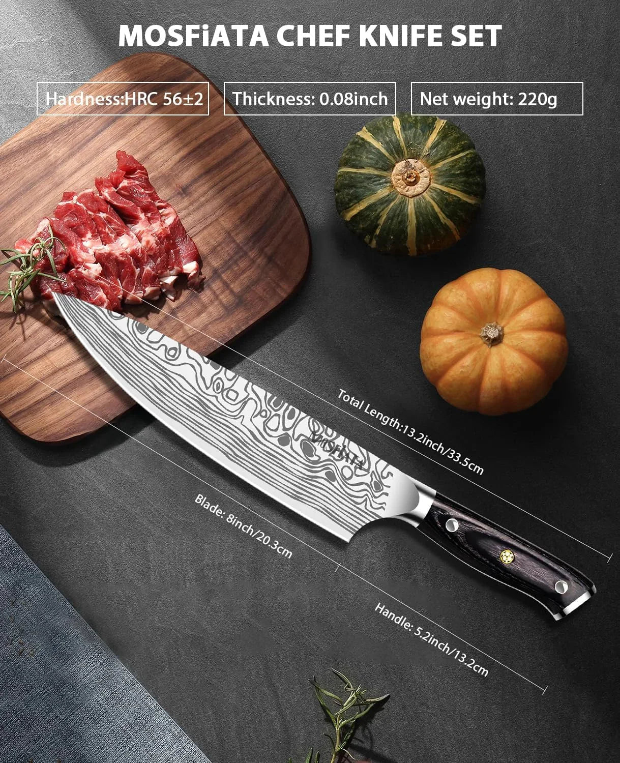 8" Super Sharp Professional Chef'S Knife with Finger Guard and Knife Sharpener, German High Carbon Stainless Steel EN1.4116 with Micarta Handle and Gift Box