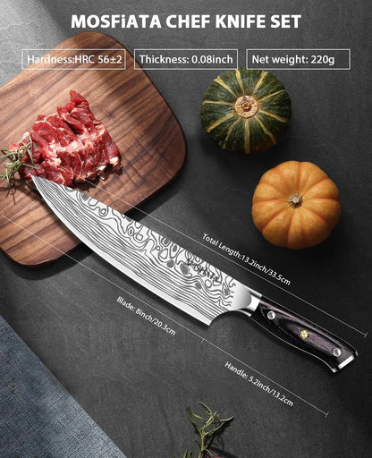 8" Super Sharp Professional Chef'S Knife with Finger Guard and Knife Sharpener, German High Carbon Stainless Steel EN1.4116 with Micarta Handle and Gift Box