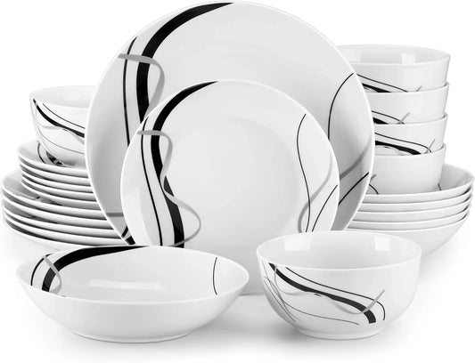 Porcelain Dinnerware Sets for 6, 24 Pieces Plates and Bowls Set with Black and Grey Ribbon Lines, Dishes Set Dining Ware for Dinner, Microwave and Dishwasher Safe, Series FIONA