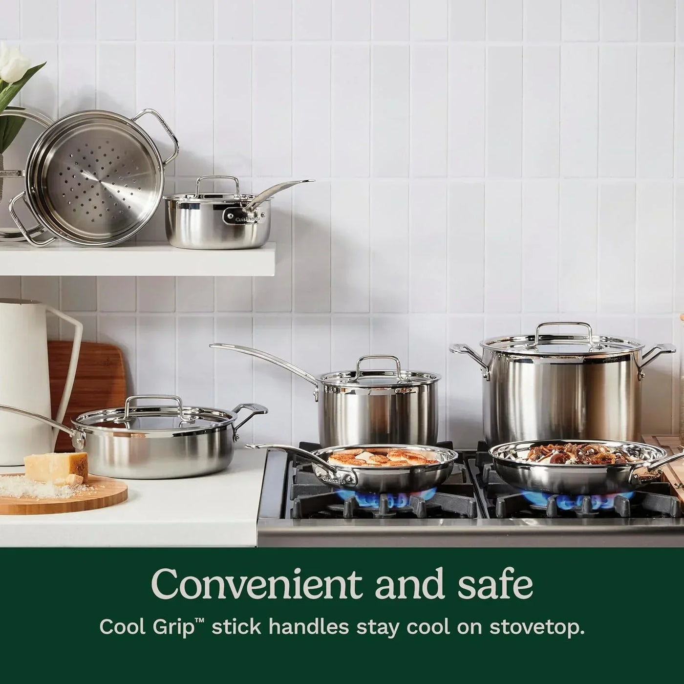 Stainless steel cookware set with Cool Grip handles on stovetop, ideal for everyday cooking and safe handling.