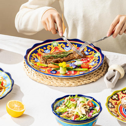 Ceramic Dessert Plate Set of 4, 9 Inch Snack Plates with Scalloped Edges – Serving Dishes for Salad, Cake, Cheese, Vibrant Boho Decoration, Microwave & Dishwasher Safe