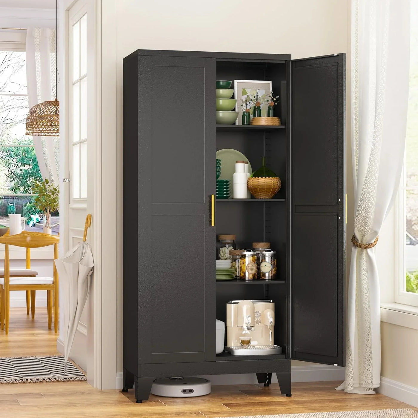 Metal Storage Cabinet with 2 Doors and 3 Adjustable Shelves, Black Kitchen Pantry for Food, Utility Cabinet for Laundry Room, Cupboard