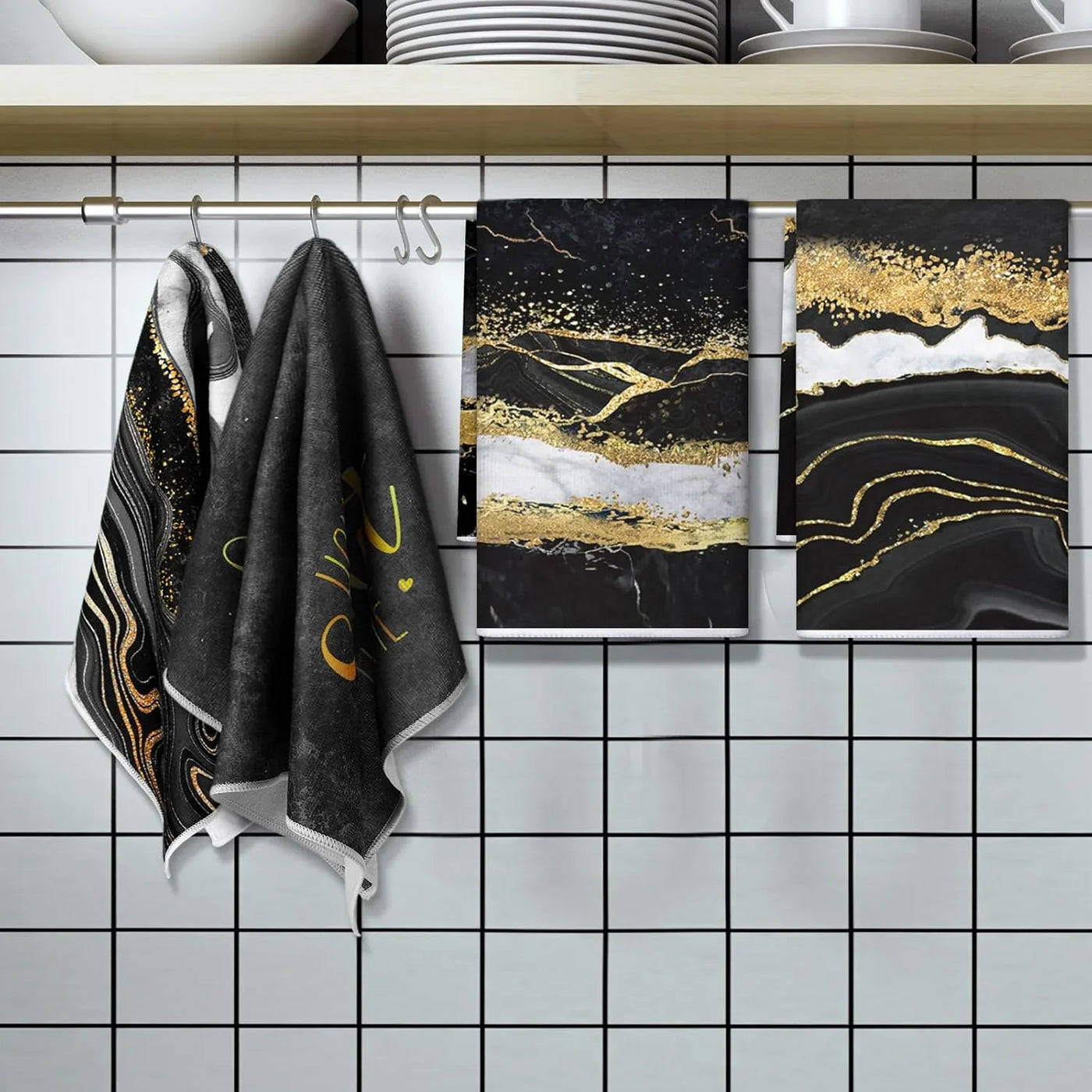 4 Pcs Marble Kitchen Towels Black and Gold Bathroom Hand Towels Absorbent Marble Tea Washcloths for Spring Bathroom Decor Kitchen Accessories Gifts