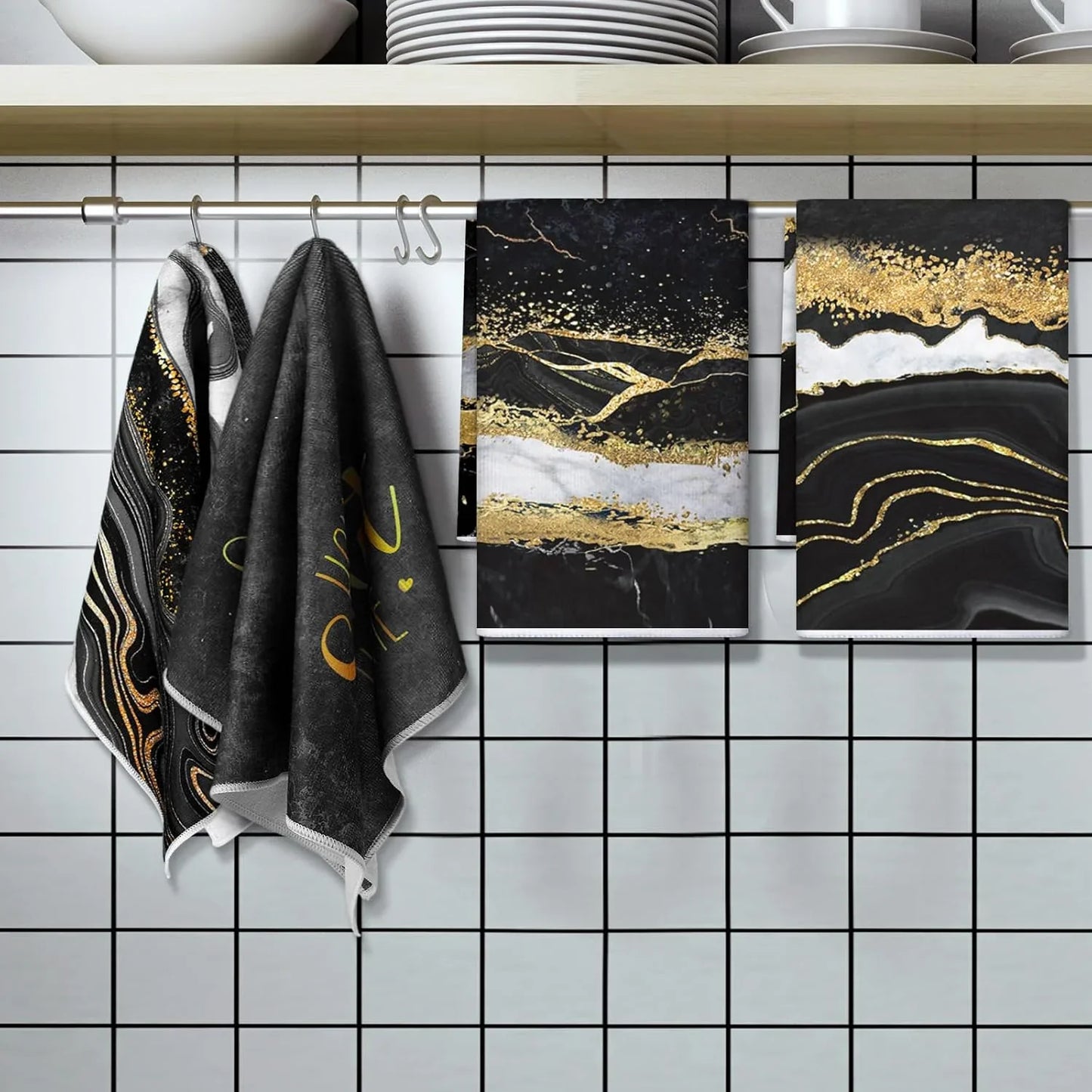 4 Pcs Marble Kitchen Towels Black and Gold Bathroom Hand Towels Absorbent Marble Tea Washcloths for Spring Bathroom Decor Kitchen Accessories Gifts
