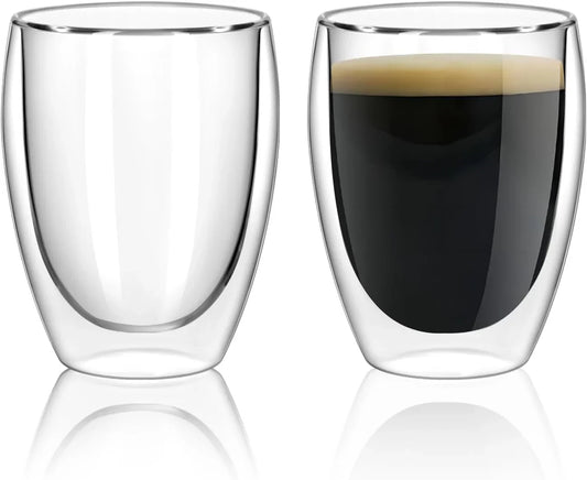 Glass Coffee Mugs Set of 2, Double Walled Clear Coffee Cups 12Oz, Clear Latte Espresso Mugs for Milk Juice, Clear Glass Cappuccino Cup Glassware Gift for Christmas Birthday