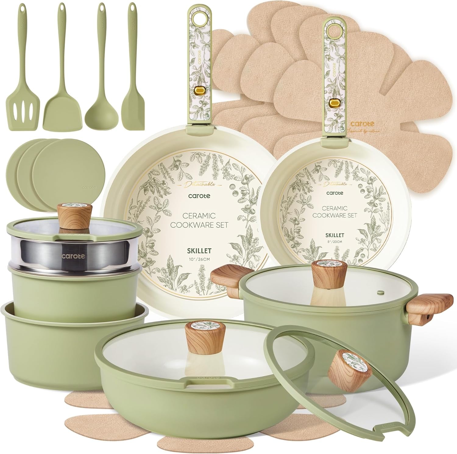 25-Piece Ceramic Cookware Set, Nonstick Pots and Pans Set with Detachable Handle, Non-Toxic Kitchen Cooking Set, Dishwasher & Oven Safe, Induction Compatible, PFAS Free, Green