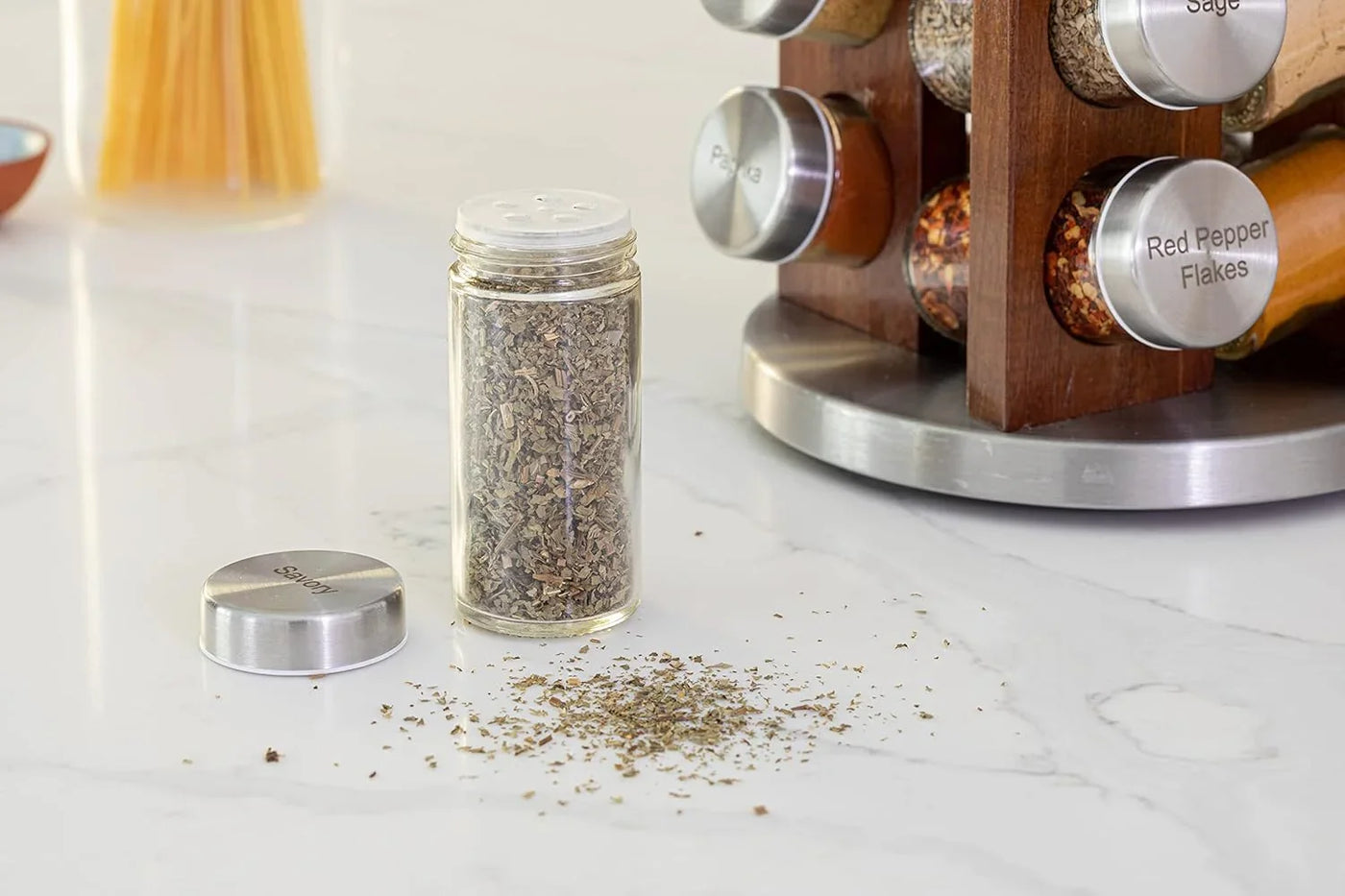 20 Jar Rotating Dark Acacia Wood Spice Rack with Spices Included & 5-Year Spice Refill Program – Rustic Wood Countertop Spice Rack with Glass Jars
