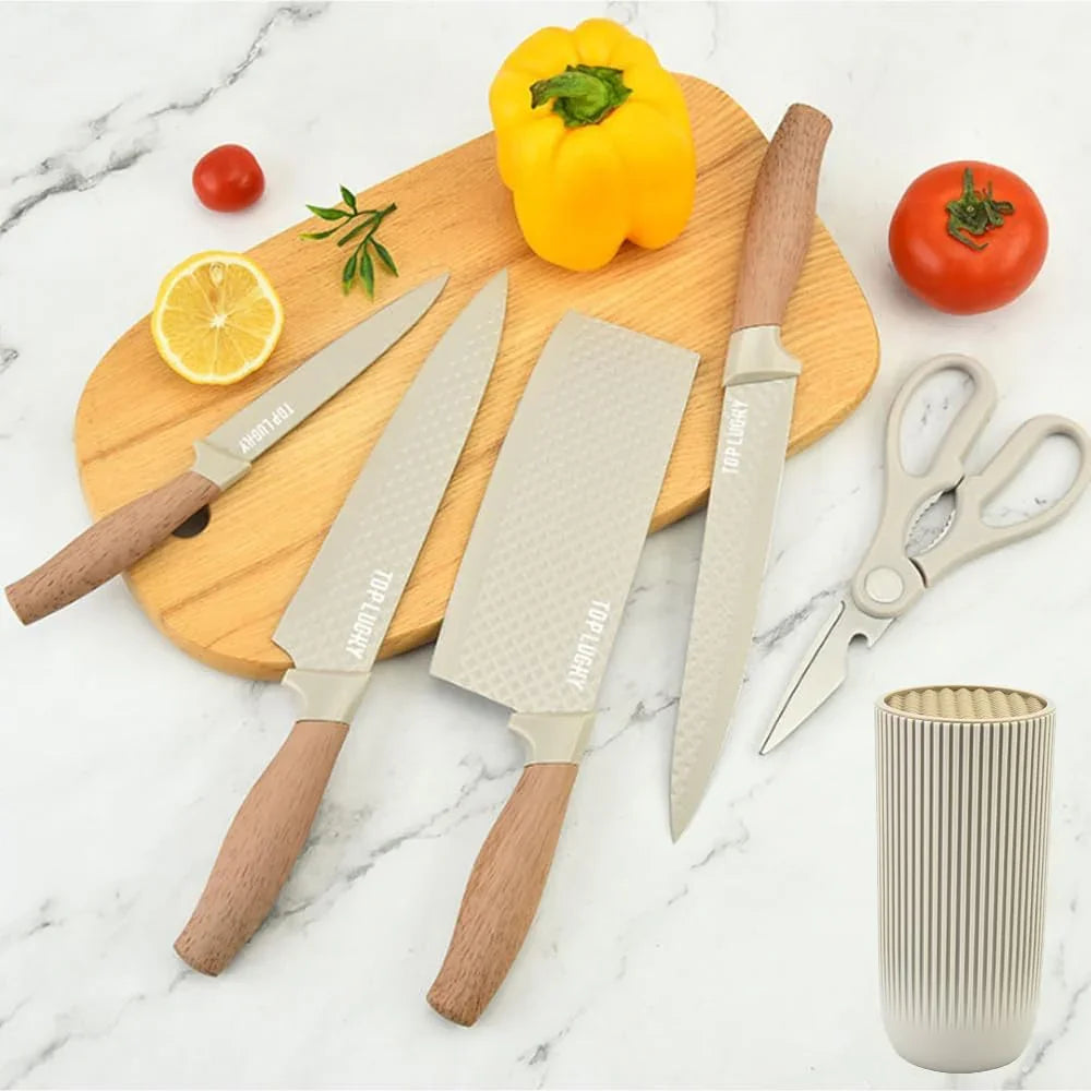 Knife Set,  6-Piece Khaki Kitchen Knife Set for Home, Anti-Rust Non-Stick Stainless Steel Sharp Chef Knife Sets with Universal Knife Block for Kitchen, Ergonomical Design (Khaki)