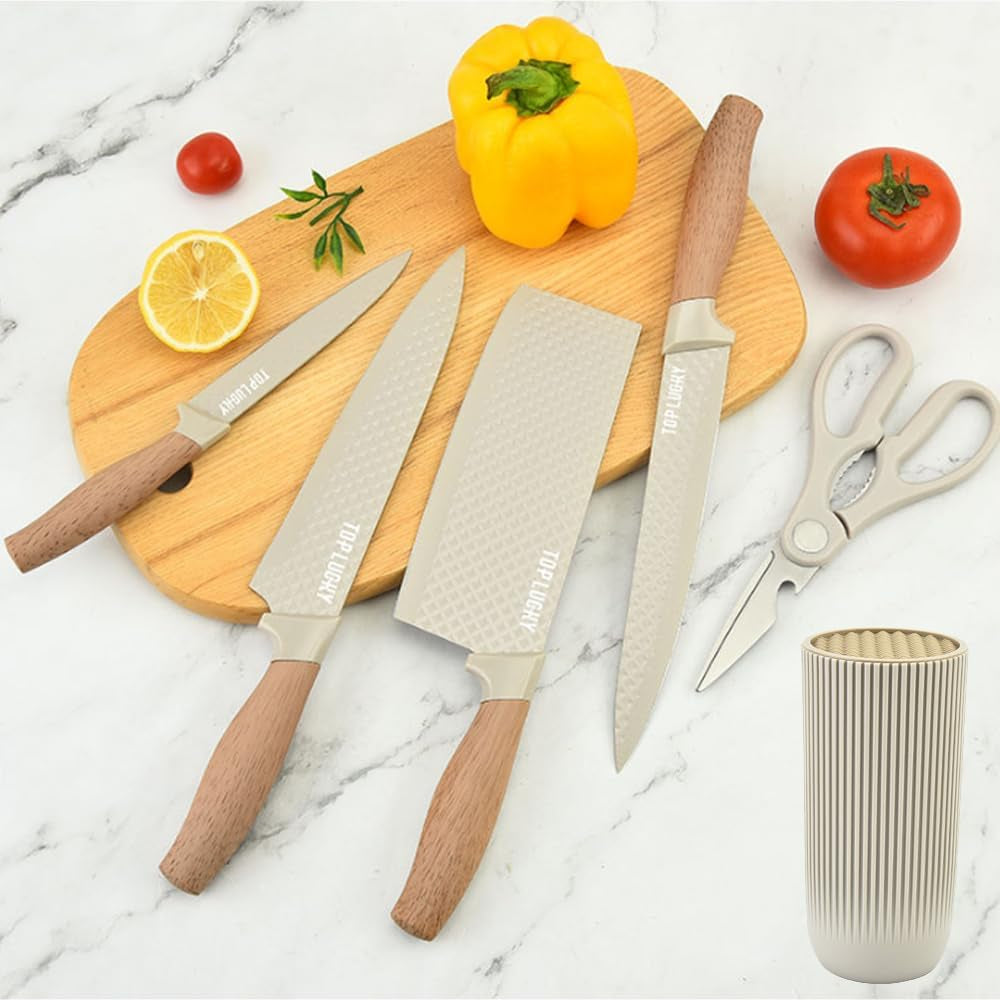 Knife Set,  6-Piece Khaki Kitchen Knife Set for Home, Anti-Rust Non-Stick Stainless Steel Sharp Chef Knife Sets with Universal Knife Block for Kitchen, Ergonomical Design (Khaki)