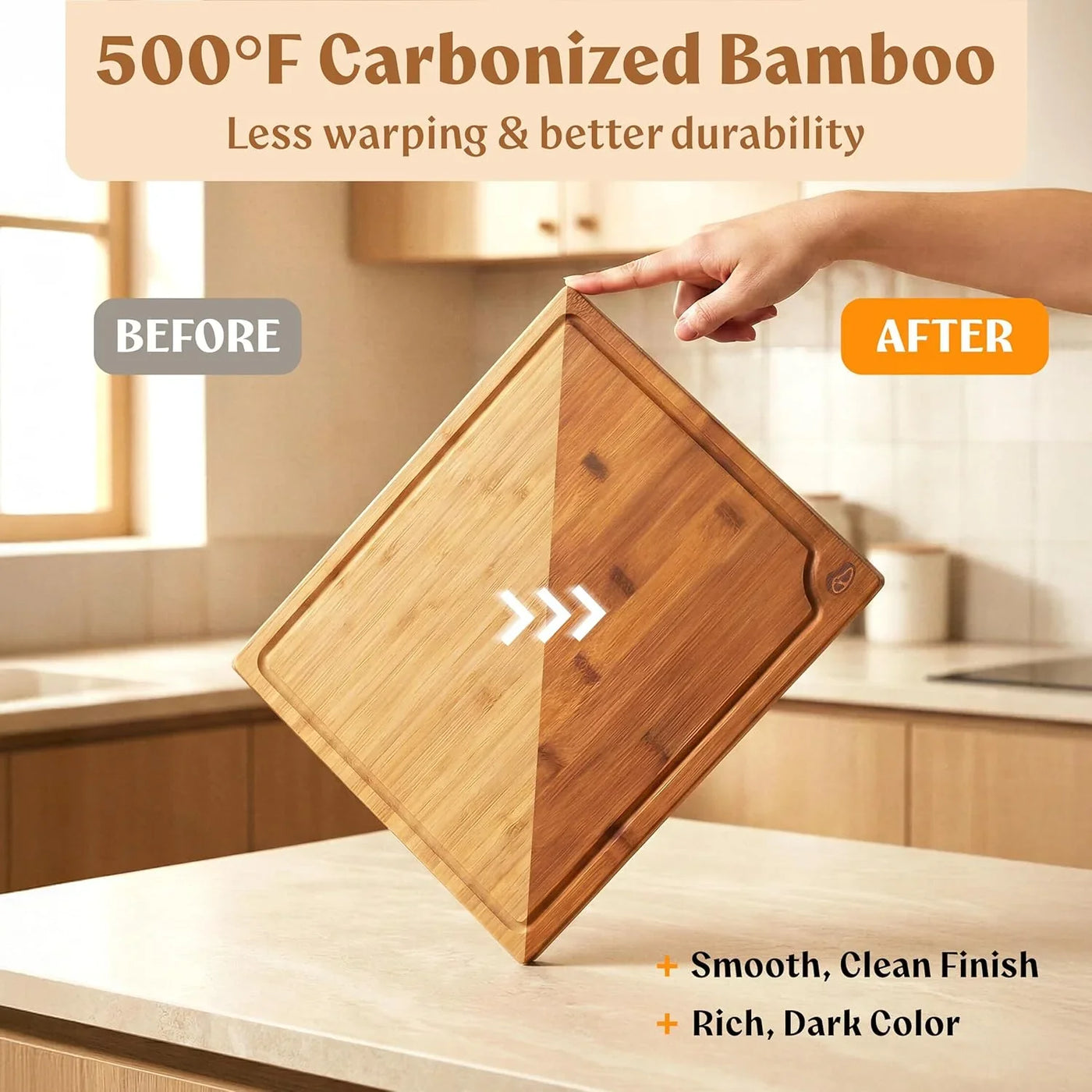 Carbonized Bamboo Cutting Boards – Cutting Board Set of 3 Heat Treated for Rich Color & Lower Moisture Absorption, Chopping Boards with Juice Groove, Non-Toxic, FSC Certified Incl. Stand