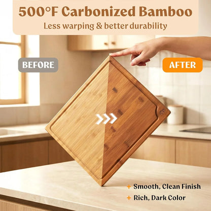 Carbonized Bamboo Cutting Boards – Cutting Board Set of 3 Heat Treated for Rich Color & Lower Moisture Absorption, Chopping Boards with Juice Groove, Non-Toxic, FSC Certified Incl. Stand