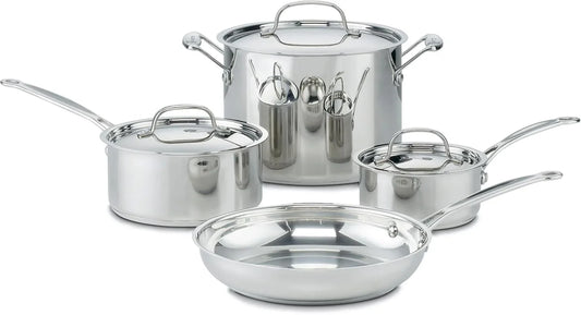 7-Piece Stainless Steel Pots and Pans Set, Cookware Set Compatible with Induction, Electric, Gas Cooktops, Aluminum Core for Quick Even Heat, Cool Grip Handles, Dishwasher Safe, Oven Safe