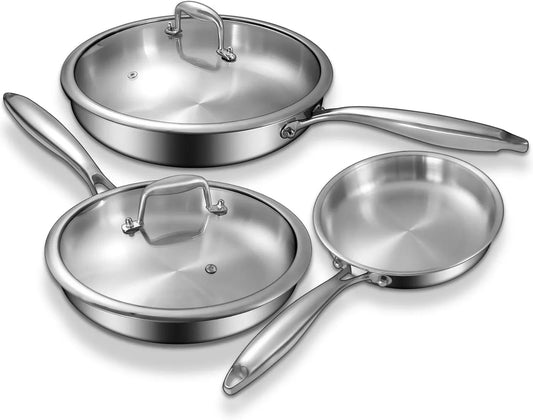 Tri-Ply Stainless Steel Frying Pans Set with Lid,  8”/10”/12” Cooking Pans, PFOA&PTFE Free Skillet, Induction Cooking Pan, Dishwasher and Oven Safe, Fast & Even Heat, Suitable for All Stove