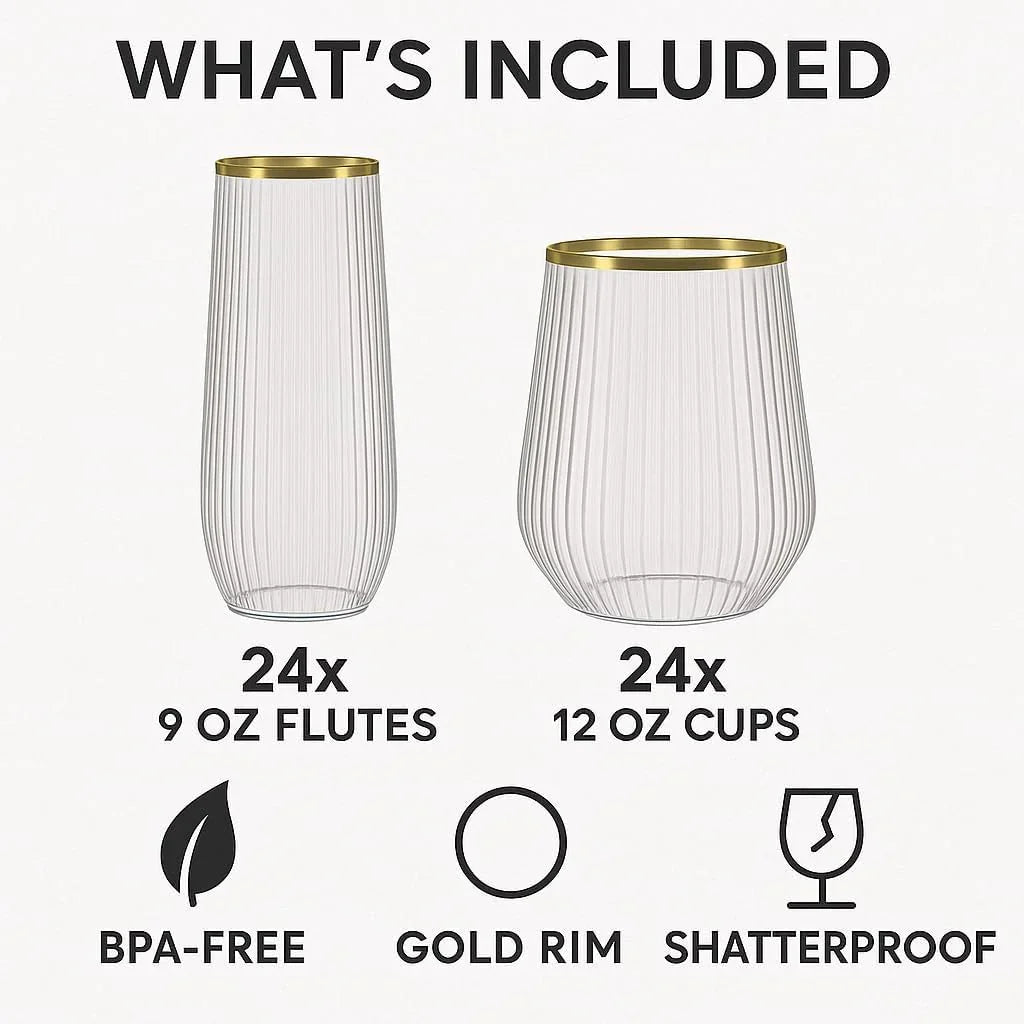 48 Pack Ribbed Origami Ripple Plastic Glasses, 24 9 Ounce Stemless Champagne Flutes & 24 12 Ounce Cups, Bpa-Free Disposable Shatterproof Toasting Glasses for Weddings Bars Events (Gold Rim)