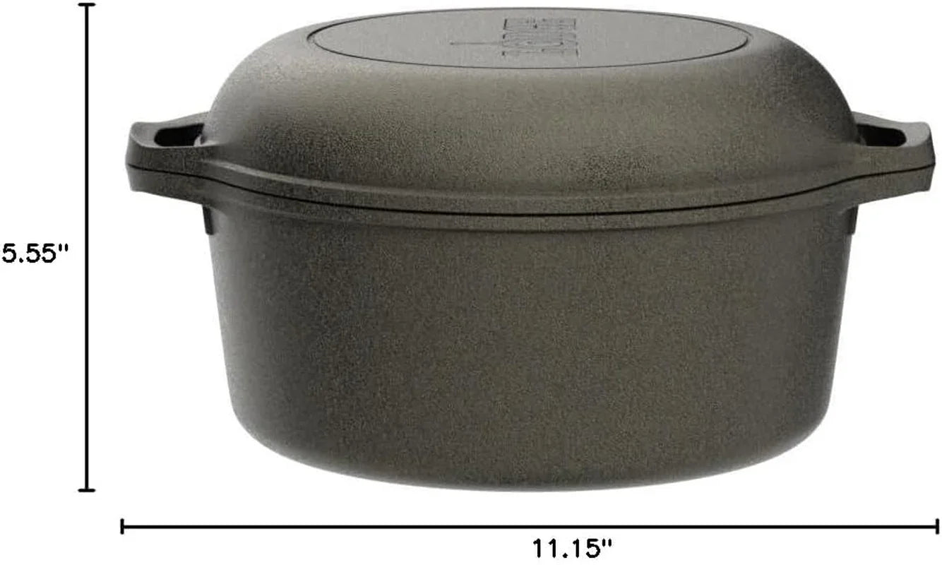 Cast Iron Double Dutch Oven - Pre-Seasoned 2-In-1 Cast Iron Cookware - Pot & Skillet Combo - Even Heat Retention - Oven-Safe, Versatile Pot - 5 Quart