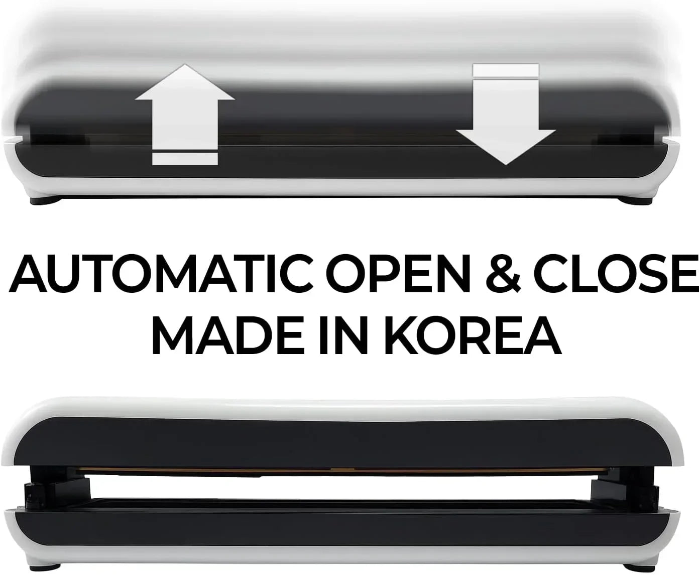 Automatic open & close kitchen appliance, made in Korea, sleek black and white design