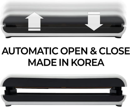 Automatic open & close kitchen appliance, made in Korea, sleek black and white design