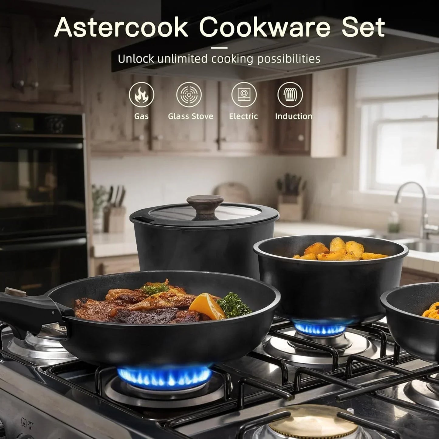 Nonstick cookware set with frying pans and pots on gas stove in modern kitchen