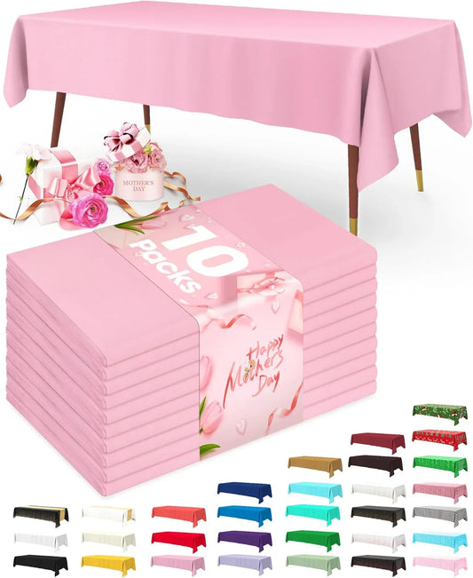 Plastic Table Cloth Disposable 10 Pack, 54 X 108 Inch Table Cloths, Easter Party, Valentines, Mothers Day Decorations, Tablecloths, Rectangle, Pastel Plastic Cover, Leakproof & Sturdy, Pink