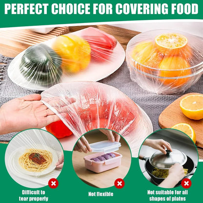 Flexible food wrap covering plates, bowls, and containers for kitchen storage and meal prep