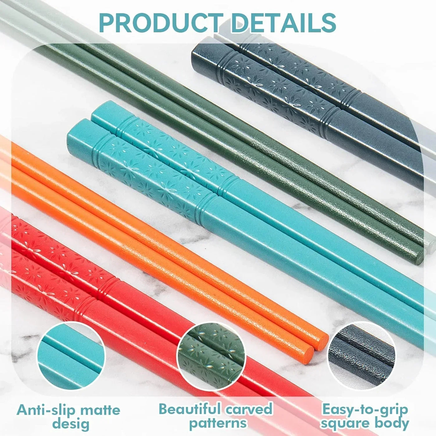 Colorful chopsticks with carved patterns, matte finish, and square grip for easy handling