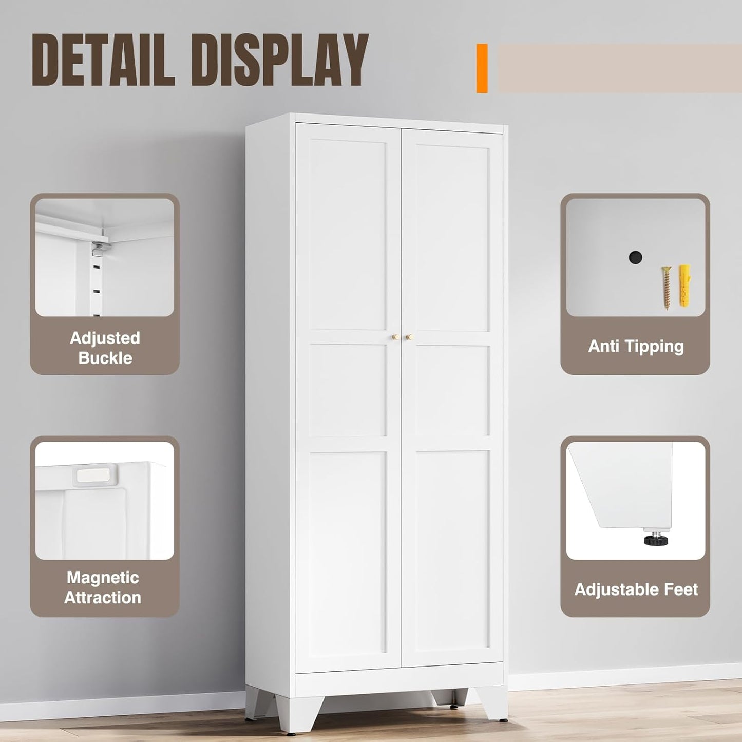 Metal Pantry Cabinet, 75" Kitchen Pantry with 2 Door and 4 Adjustable Shelves,White Metal Pantry Storage Cabinet,Cupboard for Kitchen,Dining Room,Living Room and Bathroom