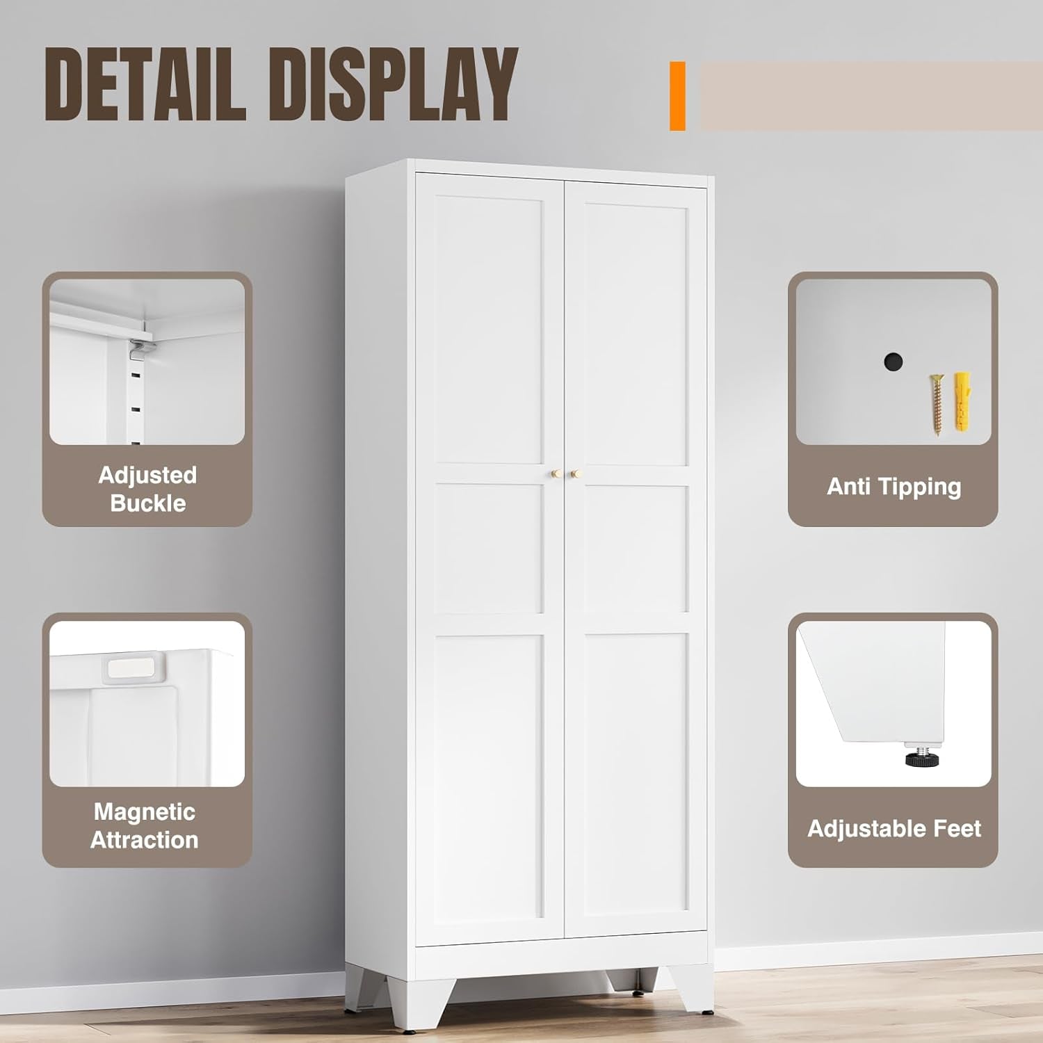 Metal Pantry Cabinet, 75" Kitchen Pantry with 2 Door and 4 Adjustable Shelves,White Metal Pantry Storage Cabinet,Cupboard for Kitchen,Dining Room,Living Room and Bathroom