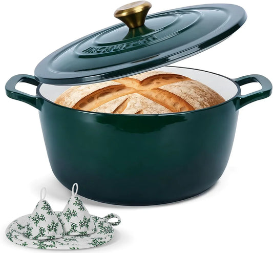 Cast Iron Dutch Oven with Lid - 5 Quart Enameled Dutch Oven for Sourdough Bread Baking, Pre-Seasoned Pot Oven Safe