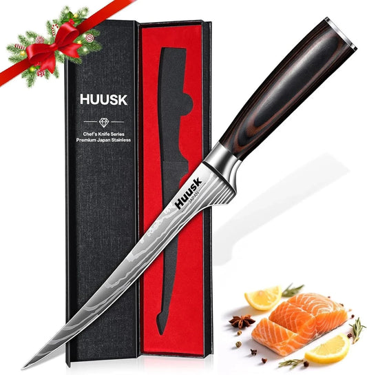 Filet Knife for Fish - 7 Inch Fish Fillet Knife with Wood Handle, Flexible Boning Knives for Meat Cutting, Professional Japanese Fishing Knives for Meat Poultry Cutting, Christmas Gifts for Men