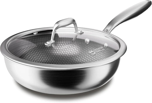 12-Inch Hybrid Stainless Steel Wok with Lid, Nonstick Stir Fry Pan & Deep Frying Pan, Tri-Ply Clad Honeycomb Everyday Pan, Induction Ready, Oven & Dishwasher Safe, PFOA Free