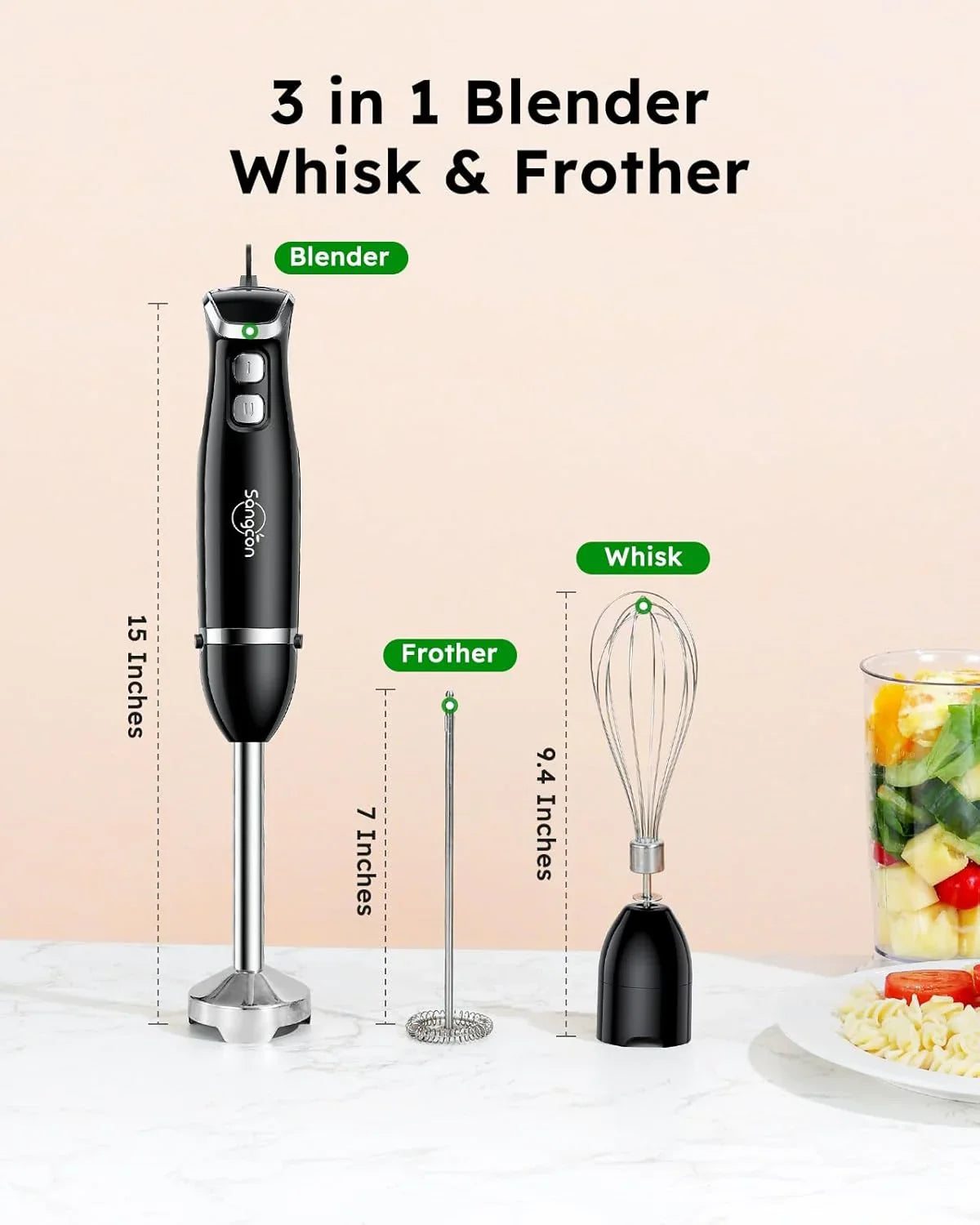 Immersion Blender Handheld, 3-In-1 Hand Blender Electric, 400W Handheld Licuadora De Mano, Stainless Steel Blade Stick Mixer with Whisk, Milk Frother Attachments - Black