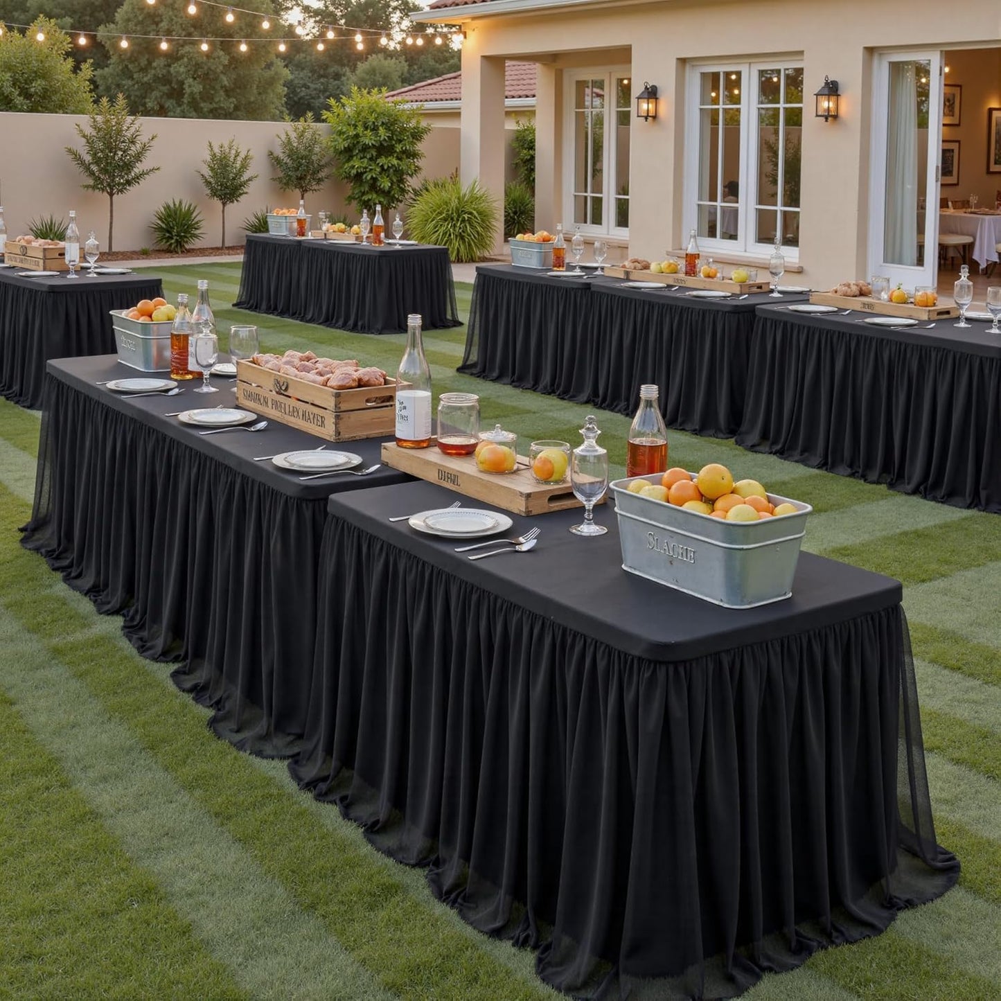 6 Pk 6Ft Black Tulle Tablecloth for Rectangle Tables, 2-In-1 Table Covers with Tulle Skirt,Wrinkle Free Stretchy Ruffle Tulle Table Cloths Fitted for Wedding Party Banquet Vendor