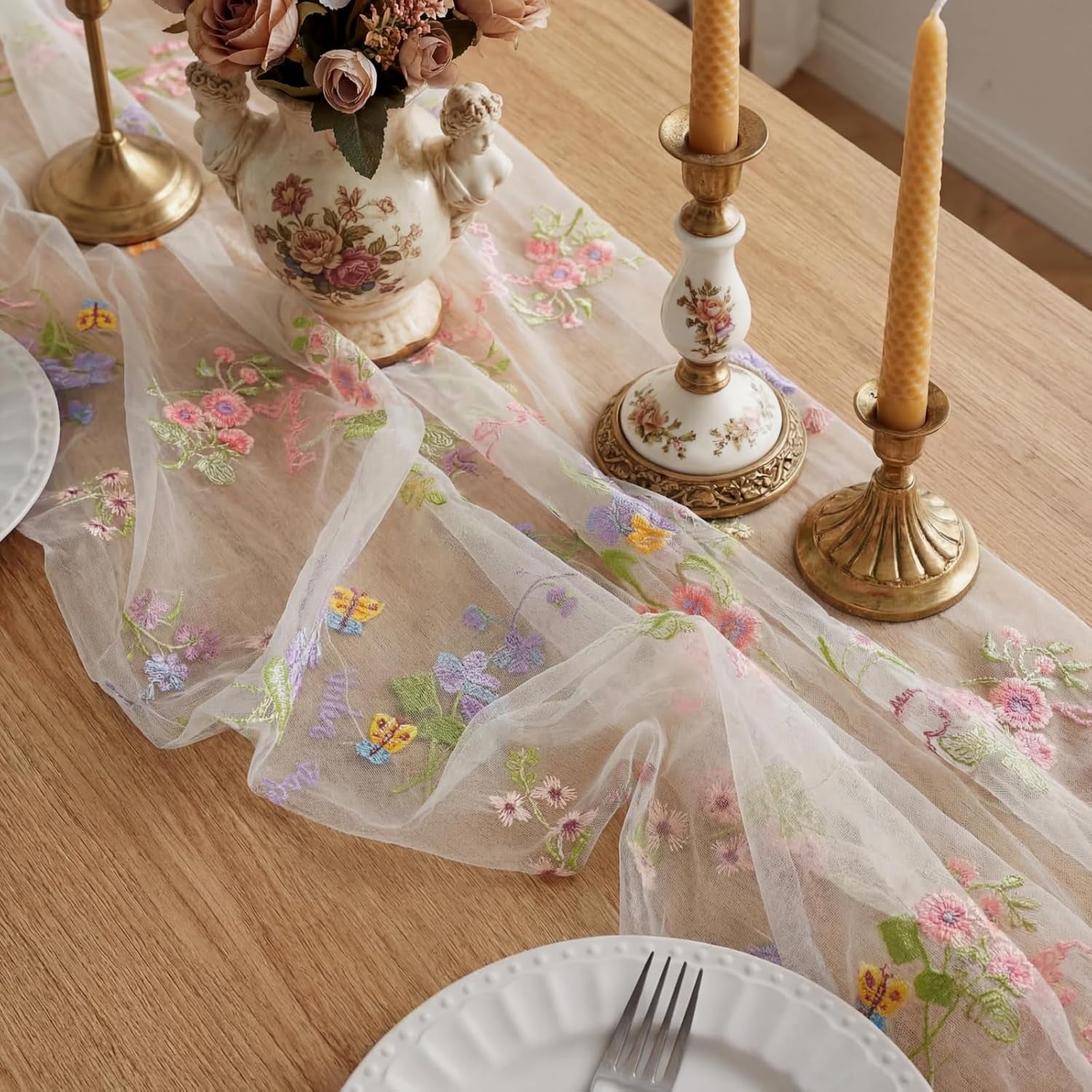 Ivory White Floral Table Runner 10Ft Embroidery Tulle Spring Wildflower Table Runner Seasonal Summer Butterfly Kitchen Dining Gauze Decoration for Wedding Baby Shower Birthday Party (1 Pcs)